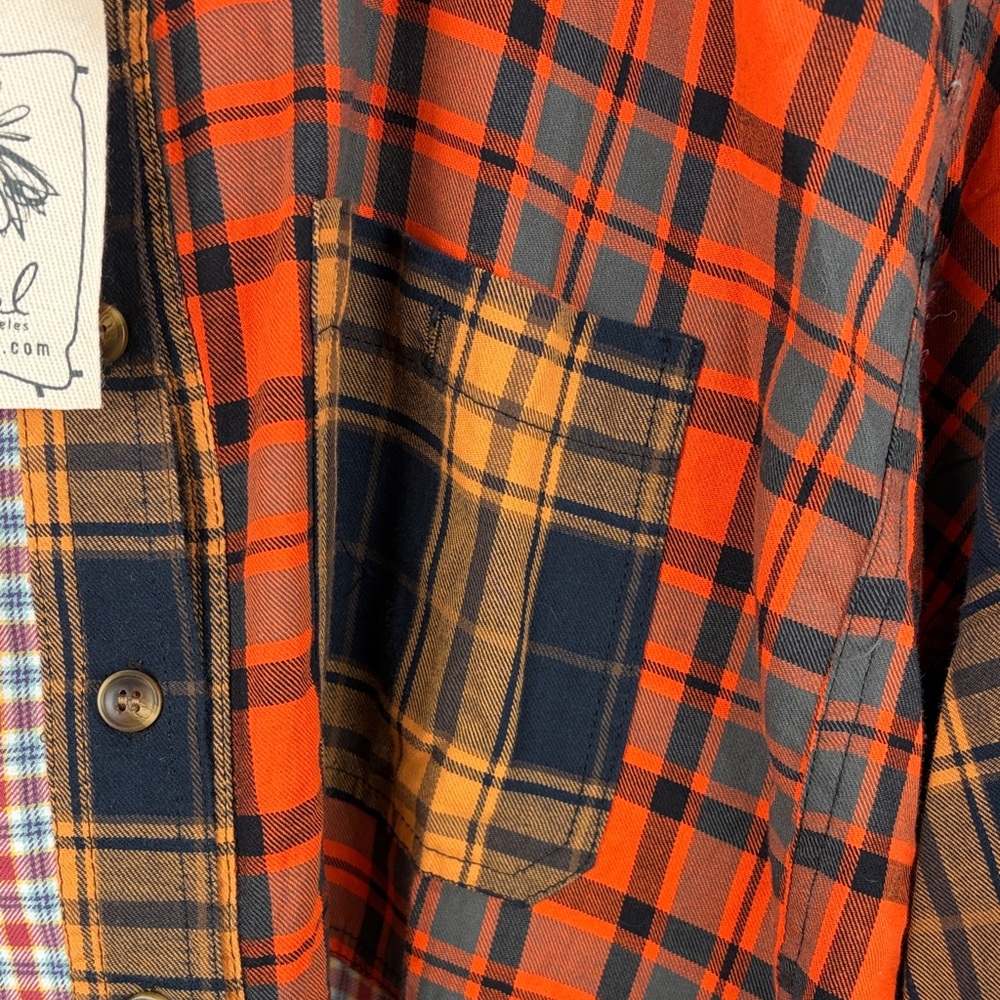 Easel Plaid Patchwork Button Down Shirt - Orange,… - image 4